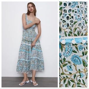 NWT Zara Blue & Green Floral Print Midi Dress - Large